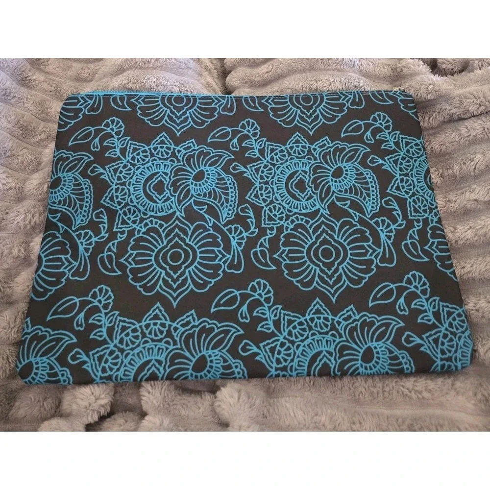 Tupperware Large Zipper Pouch / Laptop Bag Case - Black Blue Floral Design